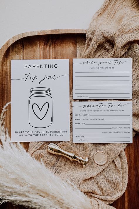 The parenting tip jar sign and advice card is perfect for the parents who are looking for some advice on how to raise their children. This product comes with a customizable baby shower sign that you can print out yourself, as well as personalized advice cards for the parents to take with them when they go out. The parenting tip jar sign also includes an instant download so that you can have the advice cards ready to go right away! **Please note this is a digital product - no physical item will be shipped to you. Once you have placed your order you will receive a link to edit your template online using the software Canva. get access immediately and create your perfect design! ---------------------------------- This Download Is An Editable Template  Includes: x1 Parenting Tip Jar Sign: (5 x Baby Shower Card Games, Baby Shower Advice Ideas, Advice For The New Parents, Advice For The Mom To Be, Parenting Tip Jar, Advice Cards Baby Shower Ideas, Advice For Parents To Be Printable, Advice For Parents To Be, Advice For Mommy To Be Printable Free