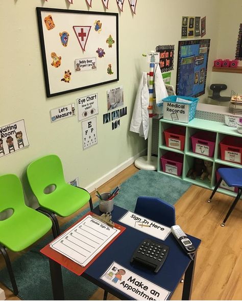 Doctor’s office preschool dramatic play! Preschool Dramatic Play Doctors Office, Doctor Unit For Preschool, Pretend Doctor Office, Dramatic Play Dr Office, Diy Doctors Office Pretend Play, Diy Doctor Office Pretend Play, Dr Office Dramatic Play, Doctors Role Play, Doctor Role Play Preschool