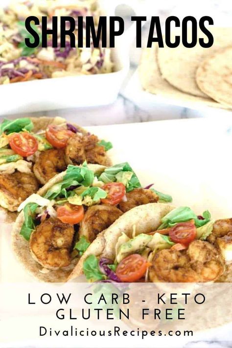 Quick, easy & spicy. These shrimp tacos are a great keto lunch or dinner. #keto #lowcarb #ketodinner #shrimp #lowcarbrecipes #glutenfree Keto Shrimp Tacos Low Carb, Low Carb Shrimp Tacos, Keto Shrimp Tacos, Keto Camping, Thm Dinner, Keto Board, Keto Shrimp, Spicy Shrimp Tacos, Keto Seafood