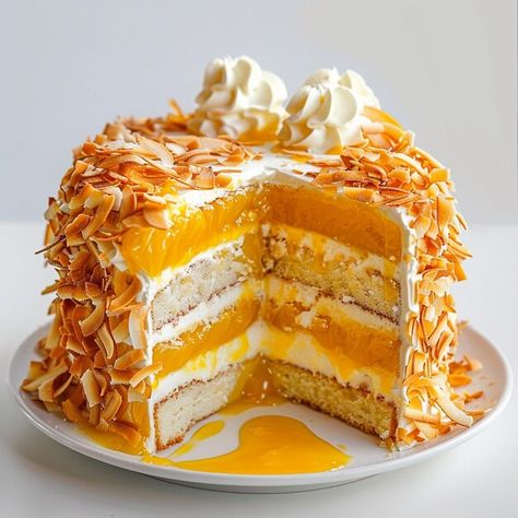 Photo mango passionfruit coconut cake wi... | Premium Photo #Freepik #photo Mango Passionfruit Dessert, Mango Coconut Cake, Passionfruit Cake, Mango Passionfruit, Mango Cake, Mango Coconut, Delicious Cakes, Beautiful Desserts, Coconut Cake