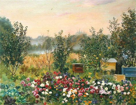 Beautiful apiary painting Apiaries in ART | earthstonestation Apiary Garden, Bee Hive Painting, Beekeeper Art, Ivan Shishkin, Growing Art, Rs Activities, Blooming Apples, Honeybee Art, Mural Inspiration