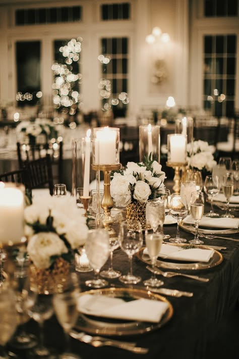 Black White And Gold Winter Wedding, Black Tie Optional Wedding Decor, Wedding Aesthetic Floral, Clean And Classic Wedding, Chanel Wedding Aesthetic, Fancy Black Tie Wedding, Black Tie Glam Wedding, Black Tie Wedding Tablescape, Winter Wedding Black Tablecloth