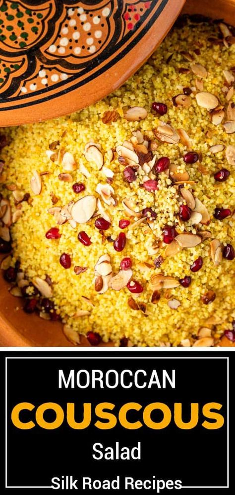 Moroccan couscous with pomegranate and slivered almonds is a flavorful and equally beautiful side dish. Make this recipe to replace rice and other grains. #MoroccanCouscous #EasySideDishes Moroccan Couscous Salad, Tagine Pot, Grains Recipes, African Kitchen, Moroccan Couscous, Moroccan Recipes, Beef Kebabs, Veggie Patties, Tagine Recipes