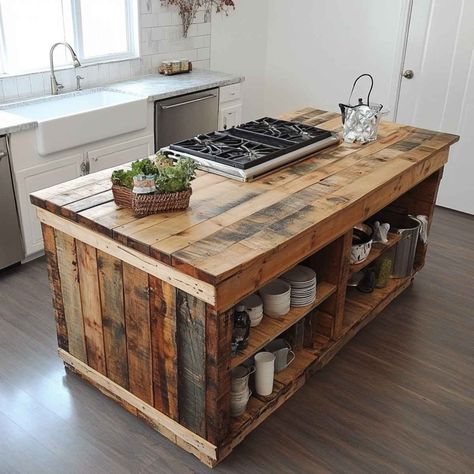 Pallet Kitchen Island Pallet Wood Kitchen Island, Diy Pallet Island, Kitchen Island Ideas Diy How To Build, How To Build A Kitchen Island Diy, Kitchen Island Out Of Pallets, Diy Pallet Kitchen Ideas, Diy Island Kitchen, Pallet Countertop, Kitchen Island Diy Plans