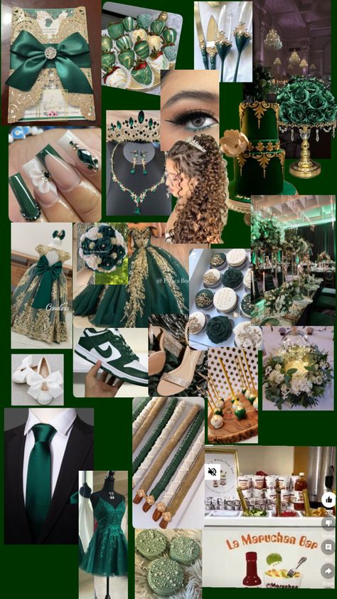 Quince Theme Ideas, Emerald Green Quinceanera Theme, Green Quince Dress, Enchanted Forest Quinceanera Theme, Enchanted Forest Quinceanera, Green Quinceanera Theme, Xv Dresses, Quince Themes, Quinceanera Nails