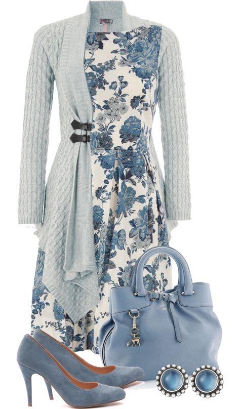 "blue roses" by sagramora on Polyvore....love everything but the sweater and shoes فستان سهرة, Floral Outfit, Easter Outfit, Komplette Outfits, A Dress, Look Fashion, Modest Fashion, Classy Outfits, Beautiful Outfits