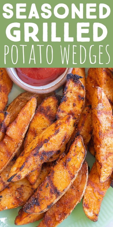 Potato Wedges On The Grill, Potato Wedges Grilled, Grilled Potatoes On The Grill, Grill Potatoes, Grill Sides, Grilled Sweet Potato Fries, Grilled Potato Recipes, Grilled Potato Wedges, Grilled Baked Potatoes