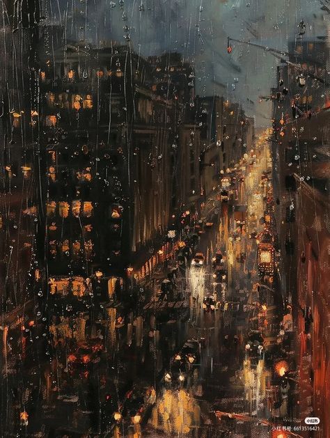 Fall Vibe Painting, Cityscape Oil Painting, Dreamy Dark Aesthetic, Colorful Art Inspiration, Autumn City Aesthetic, Rainy City Painting, Fall Aesthetic Art, Surroundings Art, Paint Rain