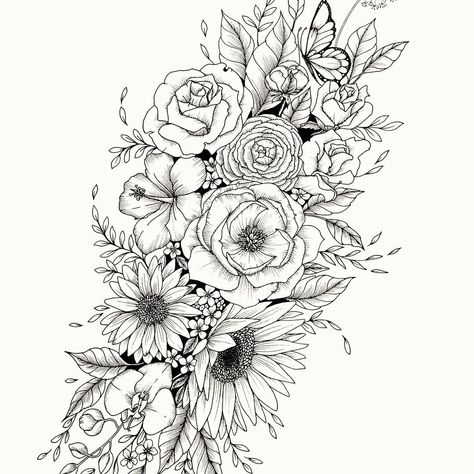 Botanical Tattoo Sleeve, Pencil Drawing Pictures, Peony Drawing, Sunflower Tattoo Sleeve, Wildflower Drawing, Flower Thigh Tattoos, Christian Sleeve Tattoo, Sunflower Daisy, Clover Tattoos