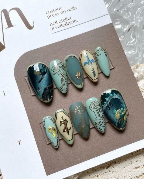 Nail Dragon Design, Hobbit Nail Art, Breath Of The Wild Nails, Zelda Inspired Nails, Legend Of Zelda Nail Art, D&d Nails, Lord Of The Rings Nail Art, Dungeons And Dragons Nails, Xiao Nails