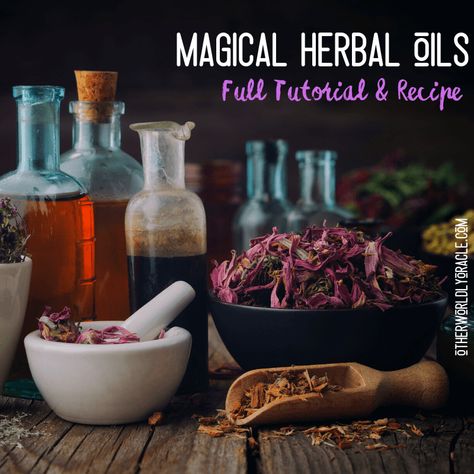 Magical Oils: How to Make Herb Infused Oils + Magical Oils Recipes! Wicca Oils, Money Oil Recipe, Herb Infused Oils, Infused Oil Recipes, Magical Oils, Magick Oil, Potions Recipes, Essential Oil Combinations, Magic Herbs