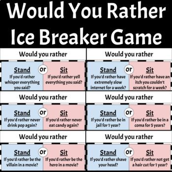 This download includes 50 would you rather questions designed for high school students.  These are great ice breaker questions that get kids discussing their preferences and helps the classroom bond together.  There are enough questions to play the game 2-3 times (I usually only ask about 15-20 questions to each class).I usually have a bag of candy that I hand out during this activity.  After each question, I ask 2 students with different choices (1 sitting & 1 standing) to explain why they Ice Breaker Activities For High School, 5th Grade Ice Breaker Activities, Ice Breaker Questions For Kids, Ice Breaker Games For Teens, Teen Group Games, Ice Breaker Ideas, Ice Breaker Games For Kids, High School Ice Breakers, Games For High School Students