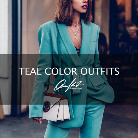 Teal Trousers Outfit, Teal Womens Suit, Luxury Fitted Turquoise Sets, Teal Blue Outfit, Teal Corset Top, Teal Trousers, Blue Pantsuit, Blue Outfit Ideas, Teal Pants