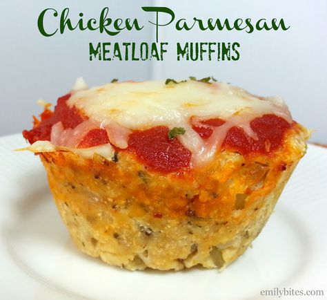 Emily Bites ~ Weight Watchers Friendly Recipes ~ Chicken Parmesan Meatloaf "Muffins" Ww Meatloaf, Chicken Parmesan Meatloaf, Parmesan Meatloaf, Emily Bites, Meatloaf Muffins, Chicken Parm, Meatloaf Recipe, Bariatric Recipes, Think Food