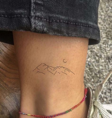 Utah Mountain Tattoo, Mountains And Moon Tattoo, Mountain Tattoo With Moon, Alpine Tattoo, Mountain Tattoo Ankle, Moon Mountain Tattoo, Mountain Moon Tattoo, One Line Mountain Tattoo, Granola Girl Tattoo Ideas