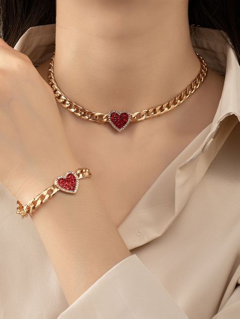 Yellow Gold  Collar  Iron   Embellished   Women's Fashion Jewelry Beautiful Diamond Necklace, Necklace Chain Types, Diamond Necklace Designs, Vintage Jewelry Sets, Heart Decor, Hip Hop Style, Gold Rings Fashion, Dragon Jewelry, Heart Shaped Rings