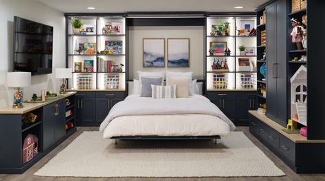 Custom Navy Blue Murphy Bed | Inspired Closets Inspired Closets, Playroom/guest Room, Murphy Bed Plan, Bed Inspired, Murphy Bed Plans, Pull Out Bed, Design Consultation, Wall Bed, Custom Closet