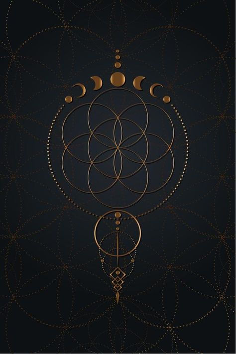 Mystical flower of life and Moon Phases, Sacred geometry. Gold Seed of life. Pagan Wiccan goddess symbol, old golden wicca banner sign, energy circles, boho style vector isolated on black background Gaia Goddess Tattoo Symbols, Flower Of Life Painting, Flower Of Life Wallpaper, Merkaba Tattoo, Sacred Geometry Art Mandalas, Wiccan Goddess, Energy Circles, Flower Of Life Tattoo, Goddess Symbol