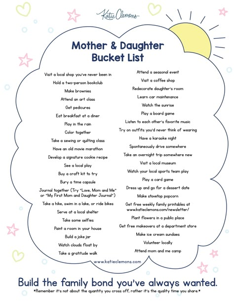 I vote yes for quality mother daughter time, so the ideas for this Mother-Daughter Bucket List are fabulous mother daughter date ideas for special bonding. Develop a signature cookie recipe, learn car maintenance, and explore unforgettable family activities for any budget. Create meaningful family memories. Click for seasonal bucket list ideas, and enhance your mom and me bond with these timeless mother-daughter date ideas. Mum And Daughter Activities, Activities To Do With Daughter, Mom And Daughter Bucket List, Mom And Daughter Activities Fun Ideas, Mommy And Me Dates Daughters, Mum And Daughter Date Ideas, Things To Do With Your Mom Daughters, Mother Daughter Date Ideas Adults, Daughter Dates With Mom