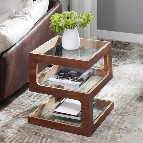 Modern Unique Square Side Table Storage End Table with Shelf 3-Tier Tempered Glass Walnut Veneer Side Tables Sofa, Side Tables In Living Room Modern, Living Room Side Table Decor Ideas, Side Table Decor Living Room Modern, Square Side Table Decor Living Room, Side Table Design Living Rooms, Side Table Design Bedroom, Sofa Side Table Decor, Office Table Design Modern Unique