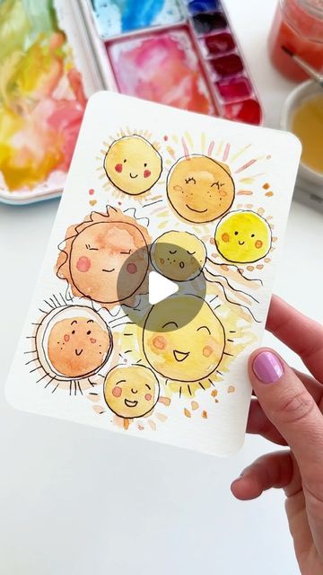 Anna Koliadych on Instagram: "The cutest watercolor card that everyone can paint 🎨 ; it’s just so easy and fun 🌞☀️😌🥰🎨 #watercolor#watercolorcard #watercolorusa #watercolorinspiration #watercolortutorial #crafts #diy" Easy Watercolor Paintings Ideas, Easy Diy Greeting Cards, Cute Watercolor Cards, Easy Watercolor Paintings For Kids, Watercolor Postcards Ideas, Watercolor Paintings For Kids, Kids Watercolor Painting Ideas, Easy Watercolor Cards Ideas, Simple Watercolor Cards