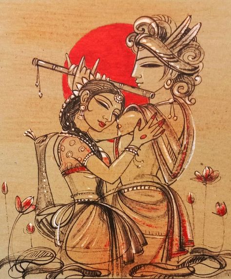 Krishna Folk Art Painting, Radha Krishna Half Face Painting, Radha Krishna Art Paintings, Radha Krishna Modern Art Paintings, Gopal Drawing, Gopal Painting, Radhe Krishna Drawing, Radha Krishna Painting On Canvas, Lord Krishna Paintings