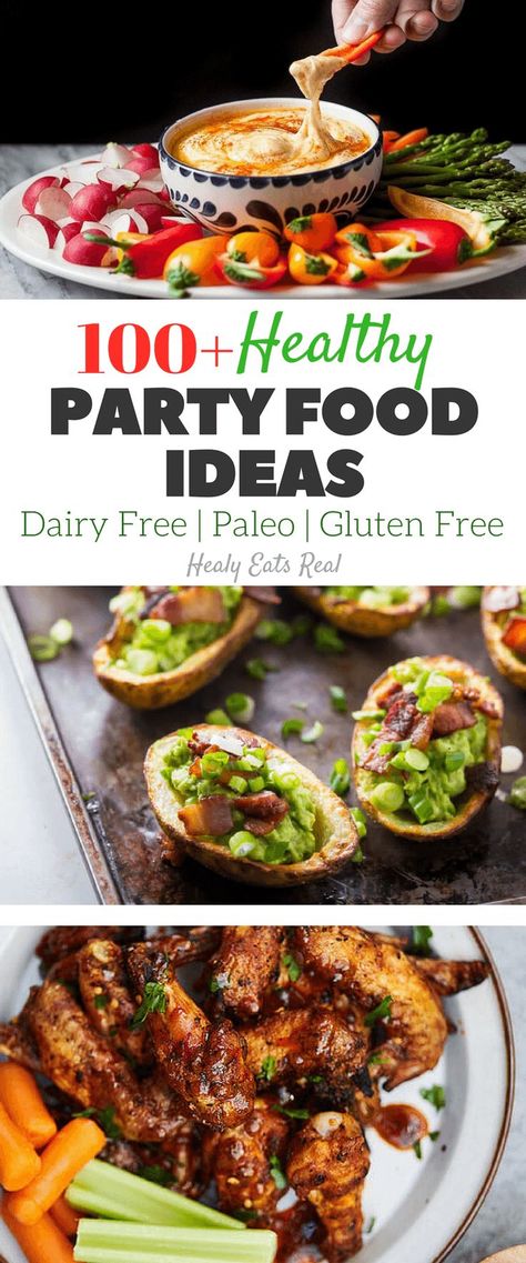 100+ Healthy Party Food Ideas (Paleo & Gluten Free)-This epic list of 100+ healthy party food ideas will amaze your friends and family! These recipes feature  everything from finger foods, dips and chili recipes to chips fries and more. via @healyeatsreal Gluten Free Party Food For A Crowd, Paleo Party Food, Gluten Free Finger Foods, Crowd Food, Practical Paleo, Gluten Free Party Food, Gluten Free Party, Paleo Ideas, Dairy Free Appetizers