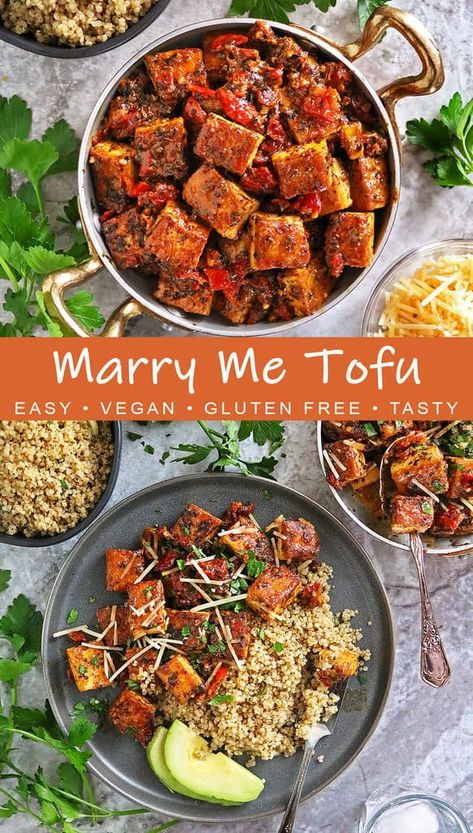 This One-pot Marry Me Tofu is made by pan-frying tofu and then simmering it in a flavorful and creamy, sundried tomato sauce. Easy, tasty, and quick, this dish is a vegan version of the ever-so-popular Marry Me Chicken. Sundried Tomato Sauce, Tofu Recipes Healthy, Tofu Recipes Vegan, Tofu Recipe, Tofu Dishes, Sundried Tomato, Vegan Main Dishes, Tasty Vegetarian Recipes, Vegetarian Dinners