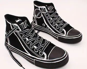 Cel Shaded Clothes, Shoe Embroidery, Cel Shading, Shoes Mens Sneakers, Punk Fashion Diy, Black Tennis Shoes, Painted Canvas Shoes, Shoes Drawing, Hand Painted Shoes