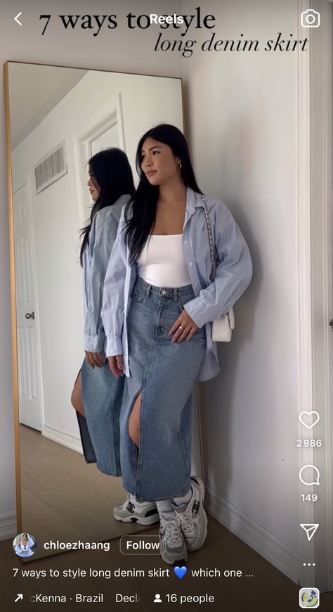 Long Jean Skirt Outfits Summer, Jean Skirt Outfits Summer, Long Denim Skirt Outfits, Skirt Outfits For Women, Maxi Denim Skirts, Long Denim Skirt Outfit, Diy Denim Skirt, Jean Skirt Fashion, Fashion Through The Decades