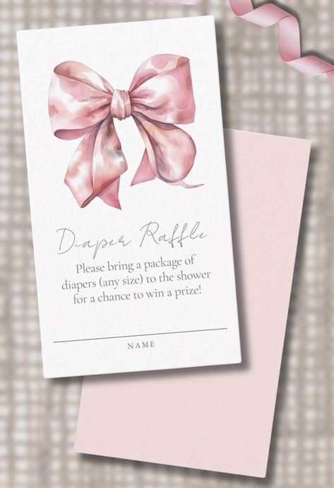 Simple Pretty Watercolor Pink Bow Baby Shower Theme Diaper Raffle Ticket Card Party Game Baby Shower Theme Girl Bows, Bow Baby Shower Theme Girl, Pink Bow Baby Shower Theme, Bow Baby Shower Theme, Work Baby Showers, Pearl Baby Shower, Watercolor Bow, Girl Shower Themes, Baby Print Art