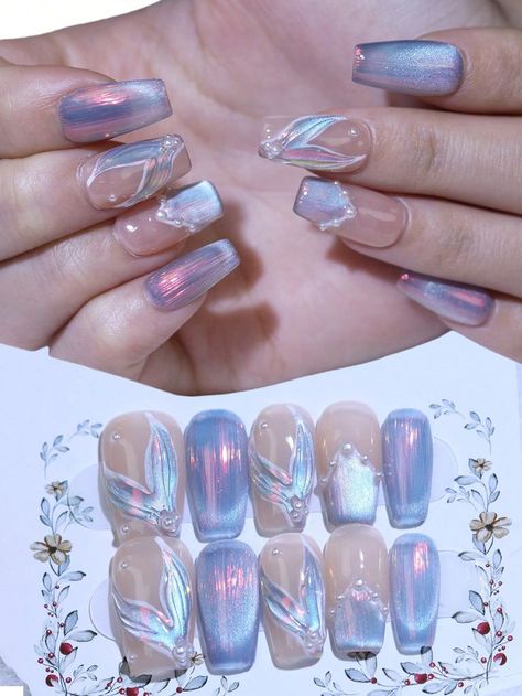 Nails Mermaid Design, Mermaid Tail Nail Art, Fairy Tail Nails, Blue Fairy Nails, Nail Art Baby Blue, Blue And Nude Nails, Blue Mermaid Nails, Baby Blue Nail Art, Mermaid Nail Designs