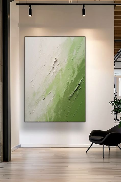 Original handmade abstract painting with textured green and cream brushstrokes creating a minimalist, nature-inspired wall art Textured Canvas Art Green, Canvas Art Green, Knife Techniques, Green Wall Decor, Nature Inspired Decor, Textured Canvas Art, Textured Canvas, Green Abstract, Art Green