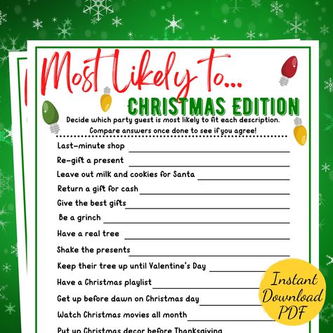 Most Likely To... Christmas Game - Christmas Party Game - Printable Christmas Party Activity - Christmas Eve - Holiday Game - Office Party Christmas Party Activity, Christmas Eve Games, Christmas Party Activities, Office Party Games, Game Office, Eve Game, Christmas Playlist, Fun Christmas Games, Holiday Party Games