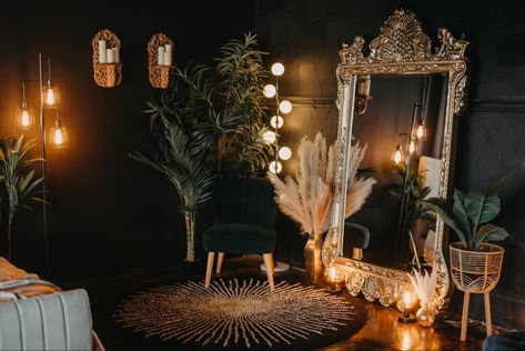 Wall Of Different Mirrors, Dark Classy Living Room, Scorpio Home Decor, Ikea Esthetician Room, Dark Beauty Salon Aesthetic, Eclectic Esthetician Room, Whimsical Gothic Decor Bedroom, Moody Massage Room, Esthetician Back Bar