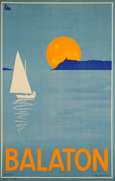 A travel poster for Lake Balaton in Hungary Art Deco Vintage Posters, Therapist Website, Lake Balaton, Sailing Art, Sailboat Art, Room Deco, Art Deco Posters, Going Green, Children Room