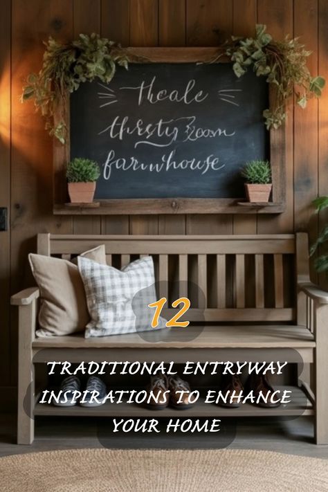 Welcome to my cozy corner! This entryway captures the essence of traditional design, blending rustic charm with modern comfort. The warm wooden tones and inviting bench offer a perfect spot to unwind. I love how the chalkboard adds a personal touch, making it a unique area that reflects my style. Let's explore more ways to bring warmth and elegance to our homes together! French Cottage Entryway, Entryway Decor With Bench, Front Entrance Bench, Vintage Entryway Ideas, Large Entry Way Ideas, Entry Bench Ideas, Entryway With Bench, Traditional Entryway Ideas, Modern Victorian Bedroom Ideas