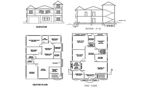 Two-level house elevation, section, ground and first floor plan details dwg file Plan Elevation Section Of House, Small House Design Floor Plan, House Entry Doors, One Floor House Plans, Door Drawing, Windows View, First Floor Plan, House Entry, Balcony View