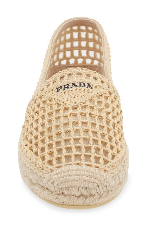 A mesh upper overlaid with woven raffia brings breezy charm to this laid-back espadrille branded with a subtle version of Prada's iconic triangular logo. 3/4" (19mm) platform (size 9US / 39EU) Textile upper and lining/synthetic sole Made in Spain Designer Shoes Prada Wicker Bag, Luxury Straw Slip-on Espadrilles, Crochet Ocean Animals, Platform Straw Slip-on Espadrilles, Summer Hand-knitted Natural Straw Bag, Crochet Boot Socks, Prada Raffia, Knit Shoes, Crochet Sandals