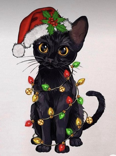 Christmas Kitty Painting, Cat Illustration Christmas, Cute Christmas Cat Drawing, Tuxedo Cat Christmas, Black Cat Christmas Art, Cat Christmas Card Ideas, Christmas Cats Drawing, Cat Drawing Christmas, Cat Christmas Painting