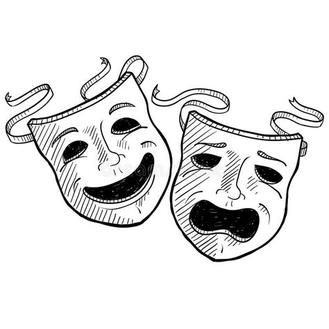 Masks Illustration, Theatre Symbol, Theater Masks, Retro Alarm Clock, Drama Masks, Mask Drawing, Theatre Masks, Comedy And Tragedy, Doodle Style