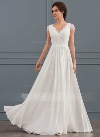 [£103.00] A-Line/Princess V-neck Floor-Length Chiffon Lace Wedding Dress With Ruffle Wedding Dress Tea Length, Short Sleeve Wedding Dress, Ruffle Wedding Dress, Chiffon Wedding Dress, Wedding Dress Chiffon, White Wedding Dress, Dress Chiffon, Summer Wedding Dress, Wedding Dress Sleeves