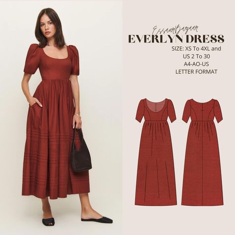 Everlyn Dress Pattern, Cottagecore Dress Pattern, Easy Digital PDF Sewing Pattern, Women Summer Dress, Us Letter-A4-A0 Format, Size XS-4XL Cottagecore Dress Pattern, Sewing Pattern Women, Robes Glamour, Women Summer Dress, Cottagecore Dress, Empire Waistline, Glamorous Dresses, Pdf Sewing Patterns, Classic Elegance