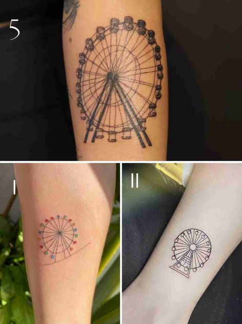 Ferris Wheel Tattoo Simple, Fair Tattoo Ideas, Pinwheel Tattoo, Small Ferris Wheel, Ferris Wheel Tattoo, Rollercoaster Tattoo, Ferris Wheel Drawing, Star Face Tattoo, Carnival Tattoo