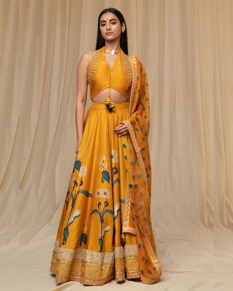 Mustard Spring Blossom Lehenga Set | House Of Masaba House Of Masaba, Caribbean Fashion, Printed Lehenga, Lehenga Dupatta, Raw Silk Lehenga, Wedding Lehenga Designs, Placement Print, Indian Dresses Traditional, Aari Embroidery