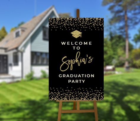 Graduation sign printable graduation welcome sign graduation | Etsy Graduation Poster Boards, Black And Gold Graduation Party, Graduation Welcome Sign, Gold Graduation Decorations, Black And Gold Graduation, Graduation Party Pictures, Graduation Photo Banner, Graduation Party Signs, Senior Graduation Party