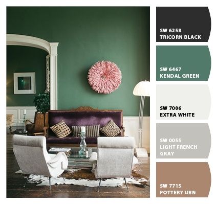 Kendal green Kendal Green Sw, Sherwin Williams Kendall Green, Green Walls Brown Floor, Vine Leaf Behr Paint Color Palette, Green Walls Purple Accents, She Twin Williams Green Paint, Behr Dark Green Paint Colors Nursery, Behr Perennial Green, Green Interior Paint