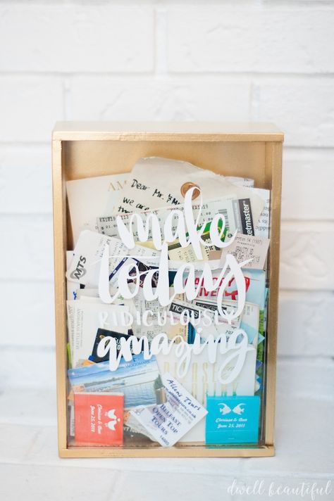 Craft Redux - Ticket Memory Box - Dwell Beautiful 365 Note Jar, Diy Ticket, Memories Box Diy, Memories Box, Memory Boxes, Diy Shadow Box, Box Craft, Upcycle Books, Presents For Best Friends