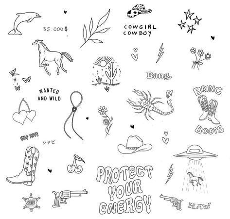 Country Tiny Tattoo, Country Minimalist Tattoo, Small Tattoo Sheet Ideas, Western Flash Art Tattoo, Tiny Punchy Tattoos, Finger Tattoo Designs Ideas, Cute Small Country Tattoos, Yeehaw Finger Tattoo, Minimalist Cowgirl Tattoo