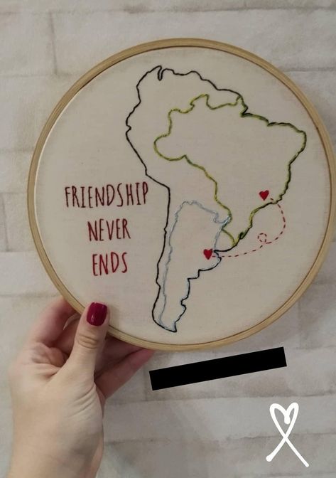 Friendship Embroidery Designs, Best Friends Embroidery, Friend Embroidery, Friendship Embroidery, Embroidery Friendship, Map Embroidery, Embroidery Map, Embroidered Canvas Art, Embroidery Hoop Crafts